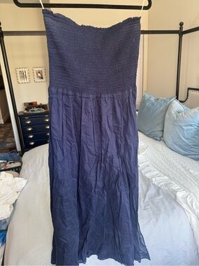 Wilfred Navy Smocked Strapless Dress
